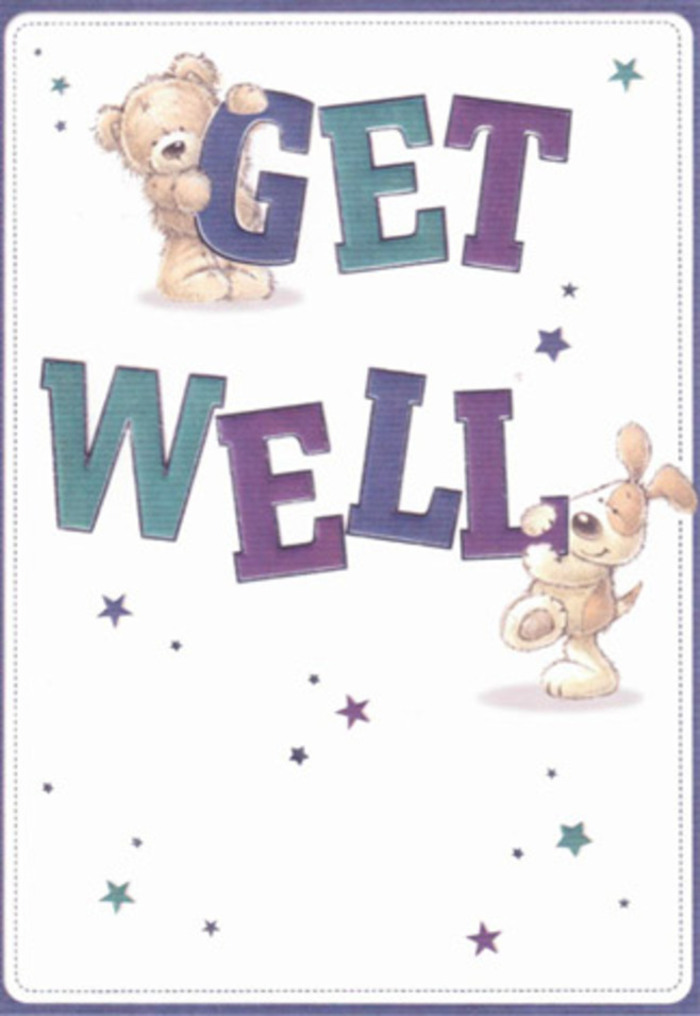 In this evocative get well card, the artful pairing of a bear and a puppy conjures the comfort and encouragement of a neighbourly visit in Westcombe Park. The bear's gentle, plush fur and the puppy's droopy, velvet-soft ears seem so lifelike, one can almost feel their touch-like the carefully chosen petals in a bouquet crafted for solace. They share centre stage on a luminous, pristine background, joyfully presenting cheerful 'Get Well' wishes in big, playful, hand-lettered type. The bold letters dance in deep shades of purple and teal, their confident curves offering visual uplift in a way akin to the first bloom of hydrangeas in spring along Maze Hill. Scattered stars-miniature bursts of silver-blue and lilac-float across the card, infusing it with an air of whimsy and the subtle sense that each well wish is a sprinkle of hope delivered to your door. The scene radiates light, sincerity, and the kind of affection that makes a rough day feel lighter. Receiving this card alongside a bouquet from a Westcombe Park florist would offer a double dose of comfort-the card's playful characters echoing the same thoughtful energy and nurturing spirit as each locally gathered flower.