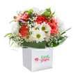 There's an immediate sense of joy and renewal in this floral design, lovingly crafted in Westcombe Park and arranged in an immaculate white gift bag that evokes both practicality and style. The bouquet's lush blend of coral, peach, and bold red carnations radiates with warmth and vitality, complimented by white daisies whose sunny green centers glimmer with optimism. Lacy tufts of baby's breath weave throughout, lending an airy softness that conjures memories of blossoms along the paths of Greenwich Park in spring. Subtle accents of purple-tinged buds draw the eye and hint at life's quiet surprises. Enveloping it all, deep green, glossy leaves create a natural cradle, providing structure and contrast. The full, domed shape of the bouquet, gleaming under gentle daylight, suggests careful preparation and a promise of freshness-qualities treasured by Westcombe Park Florist and valued by residents from Blackheath to Eastcombe Avenue. The well-crafted gift bag, complete with durable white ribbon handles, is ideal for easy local delivery to mark a birthday, new beginning, or heartfelt celebration for someone special in the SE3 community. Presented against a flawless white background, this bouquet feels like a touch of Westcombe Park's garden tranquility, brought indoors to brighten the everyday with color, grace, and a spirit of neighborly generosity.